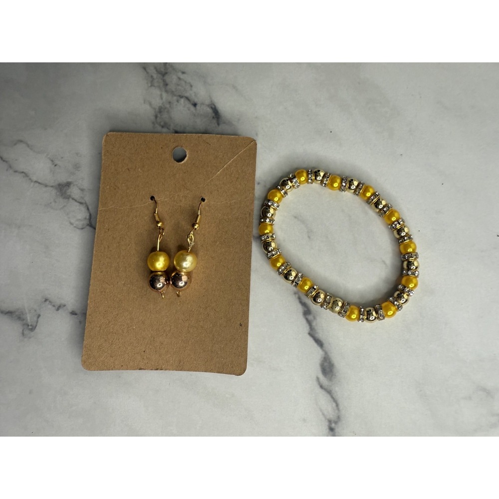 handmade beaded dangle earrings and bracelet set  yellow and‎ gold tones